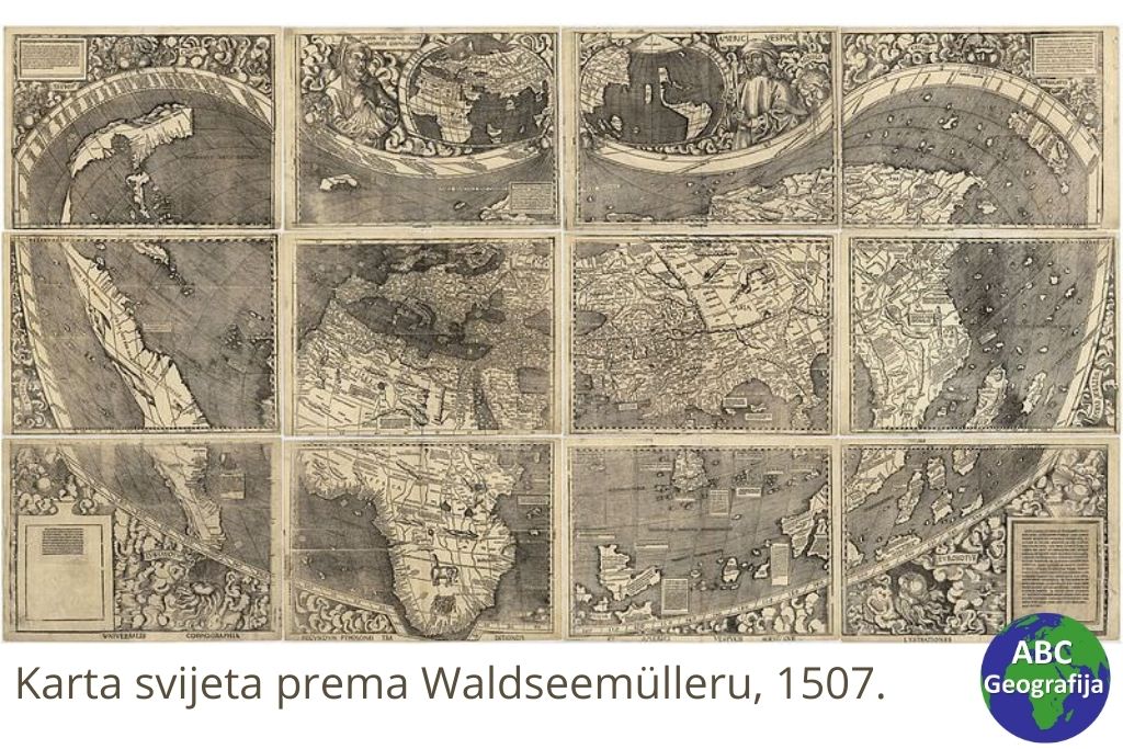 Ptva karta svijeta s nazivom Amerika, Waldseemülleru, 1507.