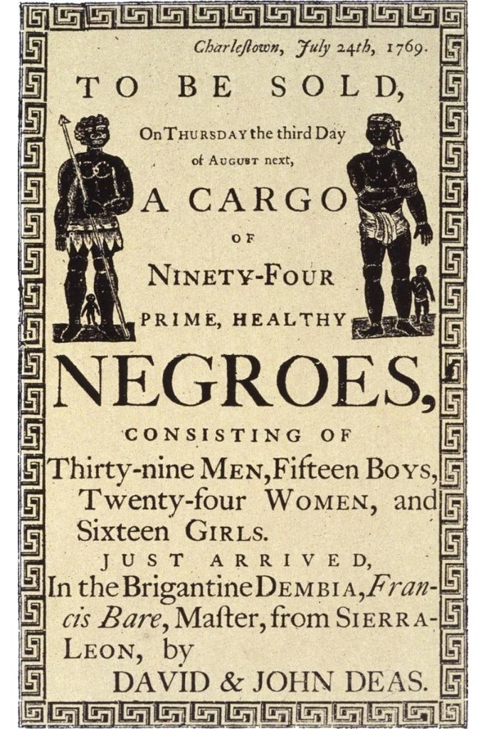 Letak kojim se oglašava dražba robova u Charlestonu u Južnoj Karolini 1769.