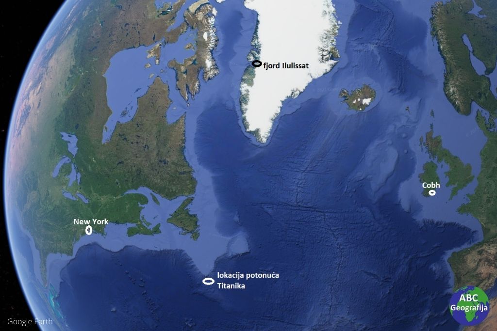 Lokacija Cobha, New Yorka, mjesta potonuća Titanika i fjorda Ilulissat