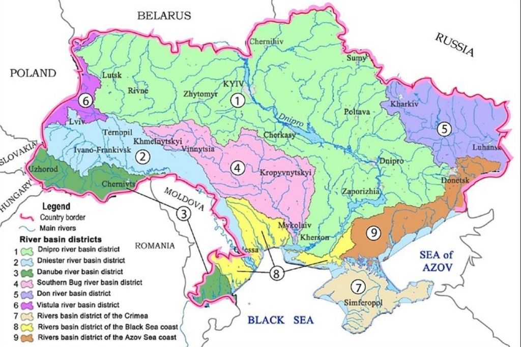 Hidrografska karta Ukrajine s označenim slivnim područjima