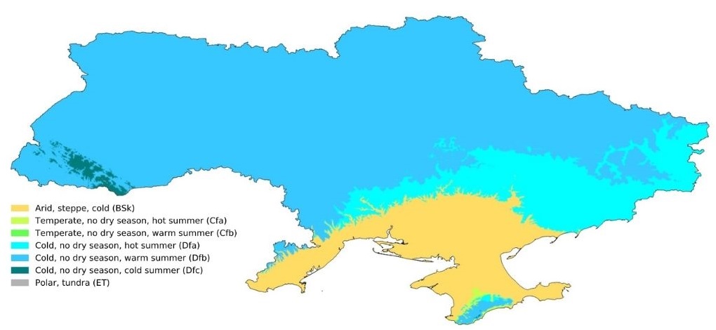 Karta klasifikacije klime Köppen–Geiger za Ukrajinu (1980.-2016.)