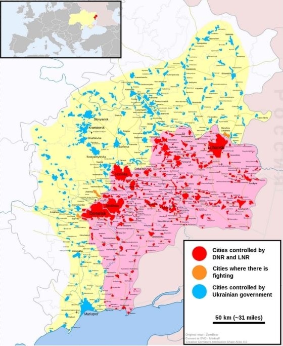 Kontaktna zona u Donbasu između dvije suprotstavljene sile, veljača 2022. godine