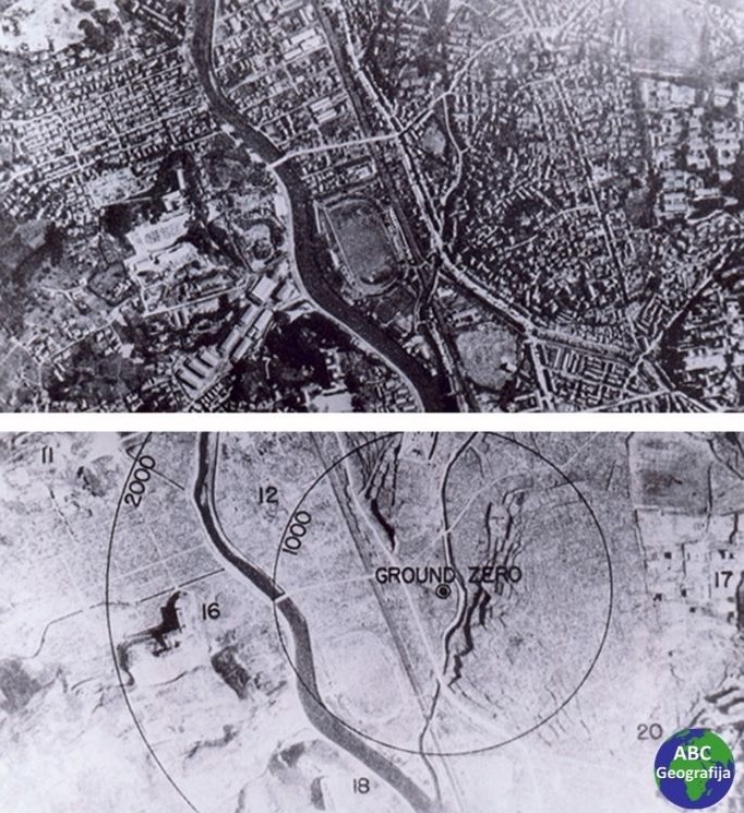 Zrakoplovni snimak Nagasakija prije i nakon bombardiranja 1945. godine