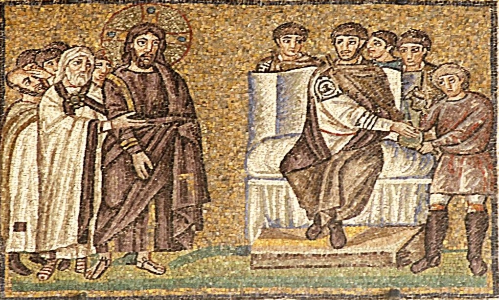 Pilat pere ruke prije osude Isusa - mozail iz bazilike Sant'Apollinare Nuovo u Raveni (početak 6. st.)