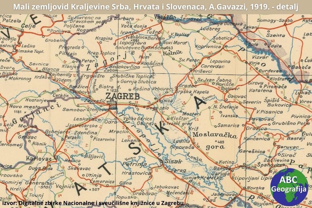Detalj karte Mali zemljovid Kraljevine Srba, Hrvata i Slovenaca, Artur Gavazzi, 1919.