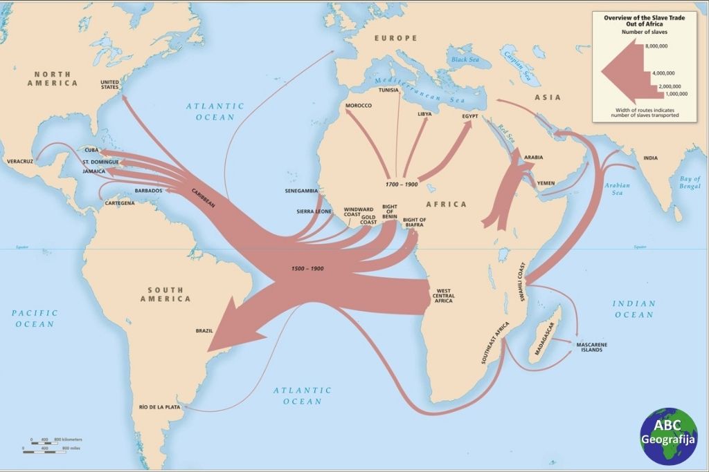 Glavne rute trgovine afričkim robljem prikazane brojem preveženih robova