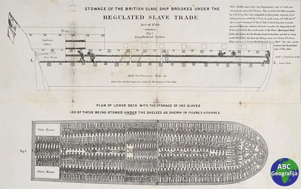 Plan potpalublja britanskog broda Brookes za prijevoz brodova, 1788.
