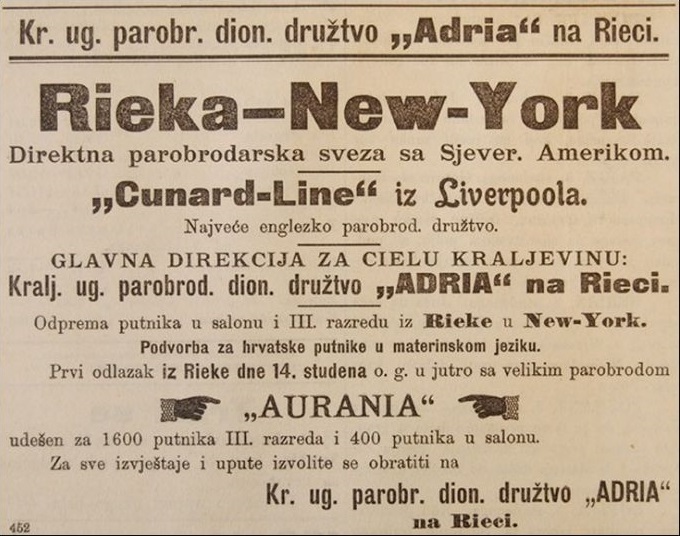 Reklama za putovanje Rijeka-New York brodom Carpathia objavljena u novinama Banovac 21. studenog 1902. godine