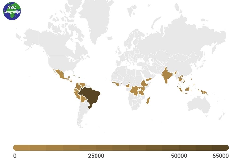 Proizvodnja kave po zemljama 2020. godine (u tisućama vreća od 60 kg)