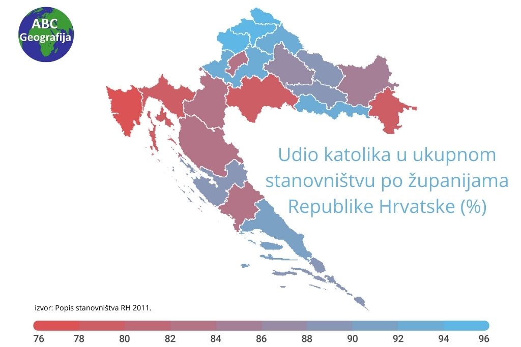 Udio katolika u ukupnom stanovništvu po županijama Republike Hrvatske 2011.