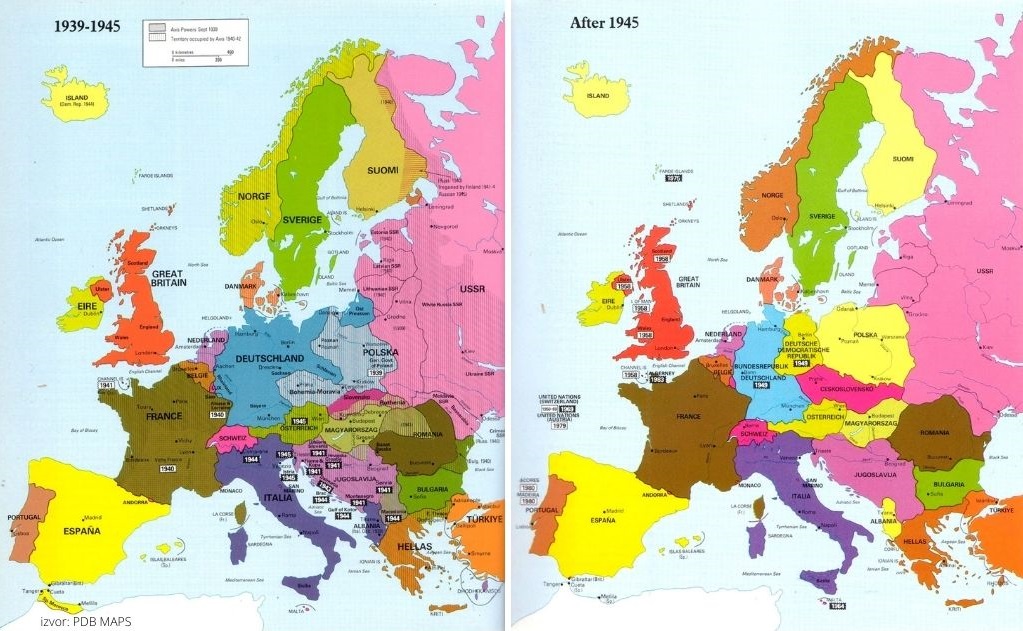 Politička karta Europe prije i nakon Drugog svjetskog rata
