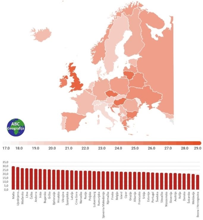 udio debelih u zemljama Europe - karta