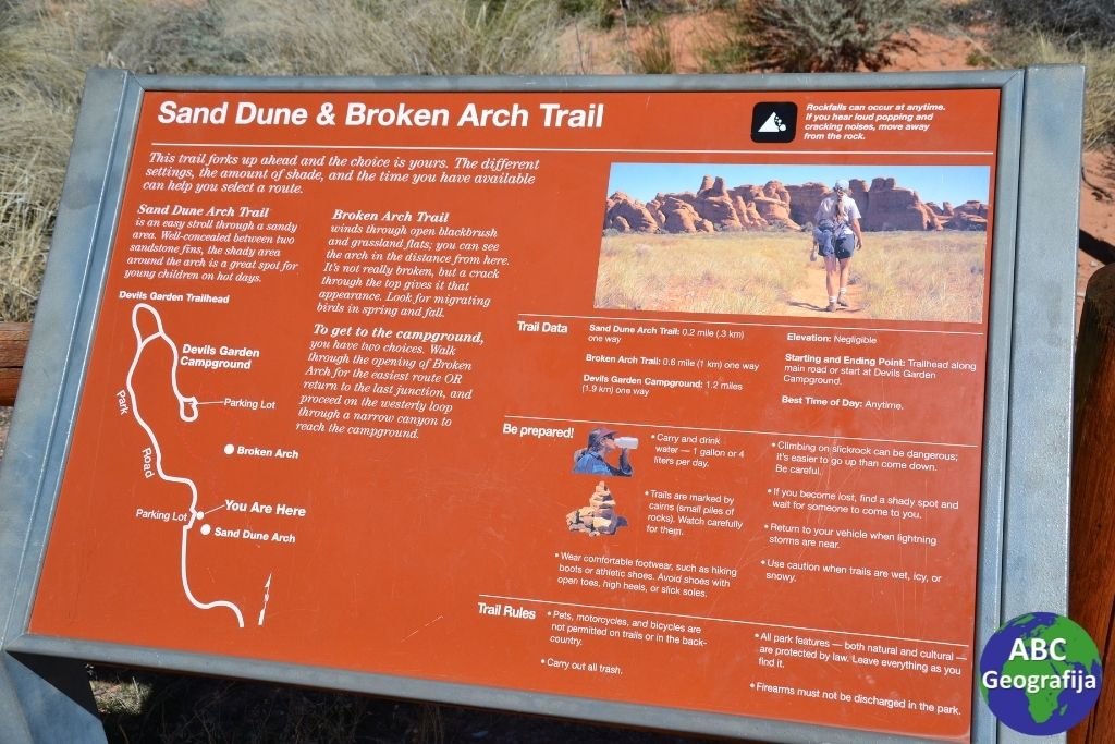 Informacijska ploča o stazi kroz Nacionalni park Arches