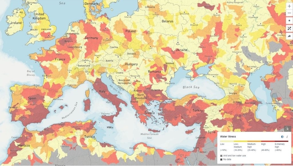 Karta vodenog stresa dijiela Europe, Azije i Afrike