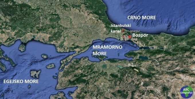Prolazi Dardaneli i Bospor koji povezuju Egejsko, Mramorno i Crno more  - karta