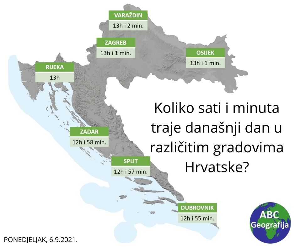 Koliko sati i minuta traje današnji dan u različitim dijelovima Hrvatske? . karta