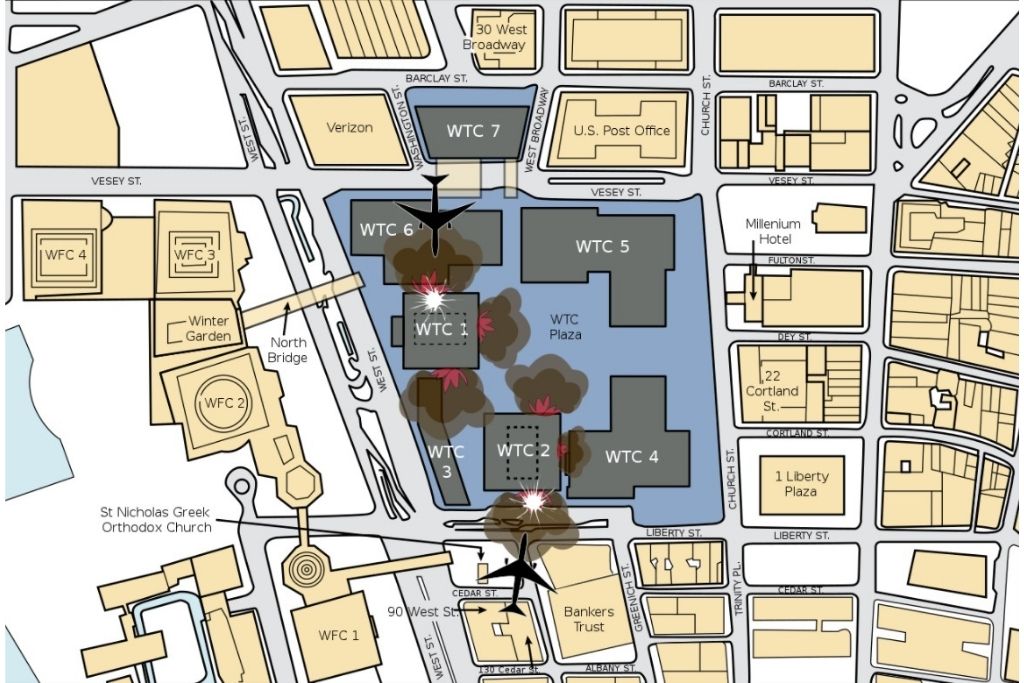 Napad na zgrade Svjetskog trgovačkog centra (zrakoplovi nisu prikazani u mjerilu)