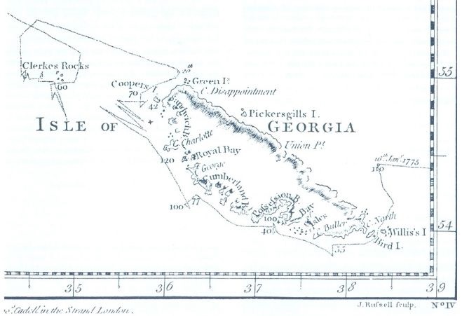 Cookova karta Južne Georgije iz 1777. godine (južna orijentacija), nazvana po kralju Georgeu III.