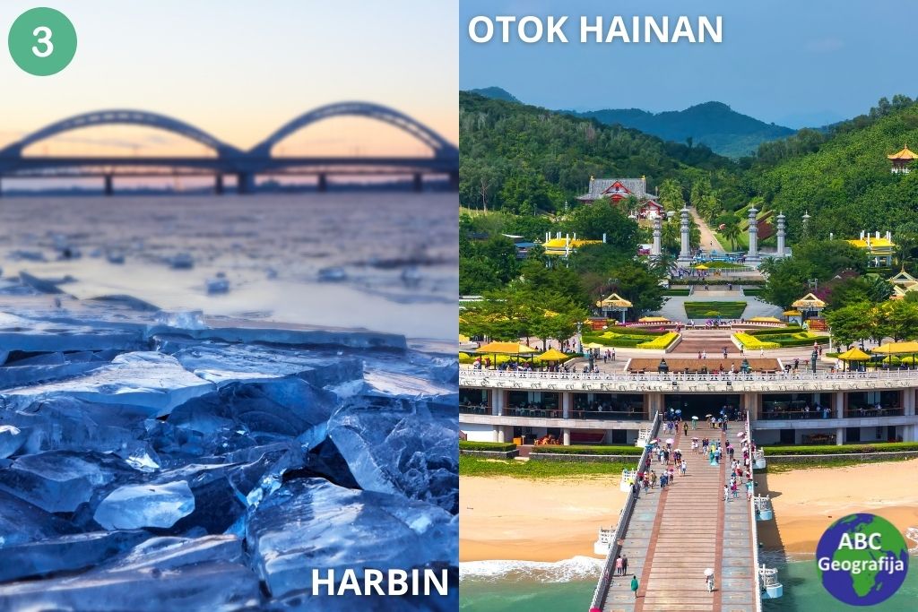 Zaleđena rijeka u gradu Harbin i budistički kulturni park Nanshan pokraj grada Sanya na otoku Hainan