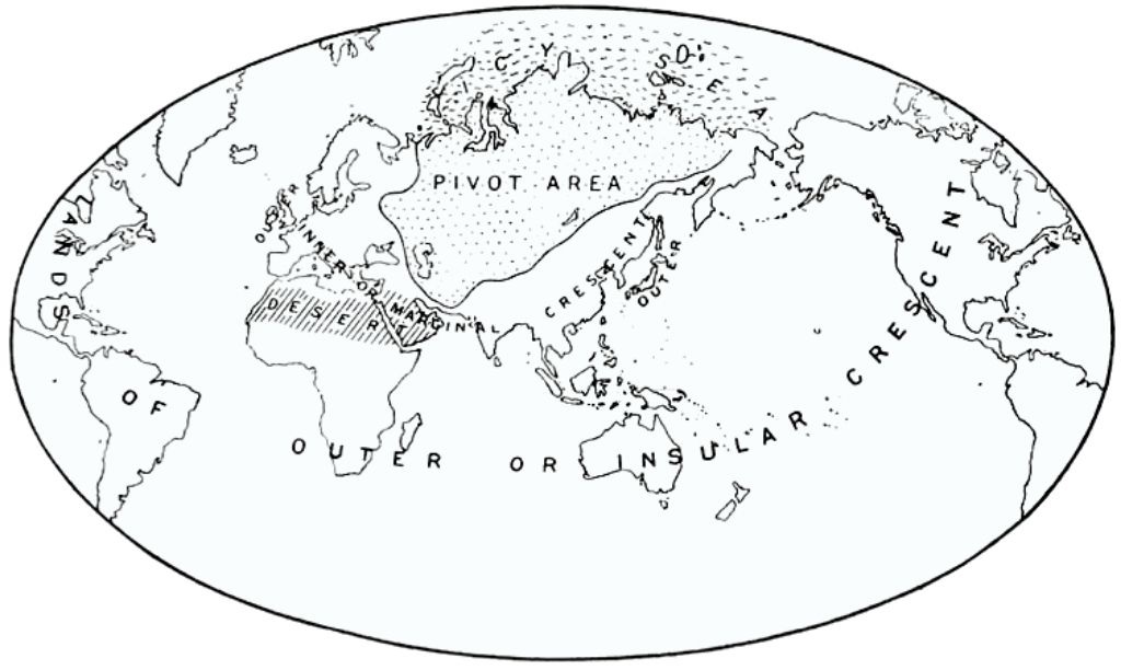 Karta svijeta koja predstavlja četiri regije Heartland teorije
