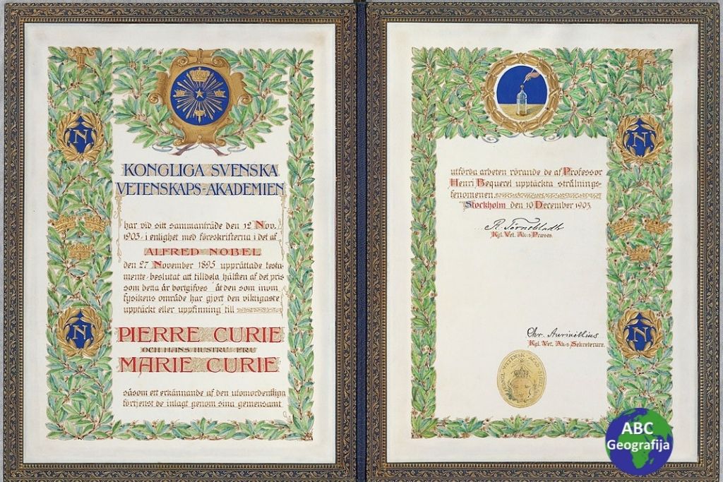 Nobelova diploma za fiziku, dodijeljena u prosincu 1903. Pierreu i Marie Curie