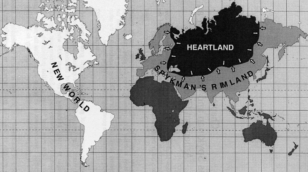 Karta svijeta koja predstavlja tri regije Rimland teorije: Heartland, Rimland i Novi svijet (New World)