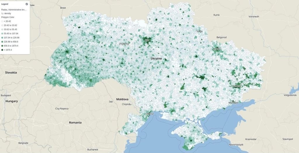 Gustoća stanovništva u Ukrajini 2014. godine