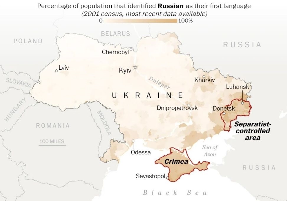 Udio stanovništva Ukrajine koji je označio ruski kao metarinski jezik na popisu stanovništva 2001. godine i označene granice proglašenih separatističkih republika i Krima anektiranog od strane Rusije 2014. godine