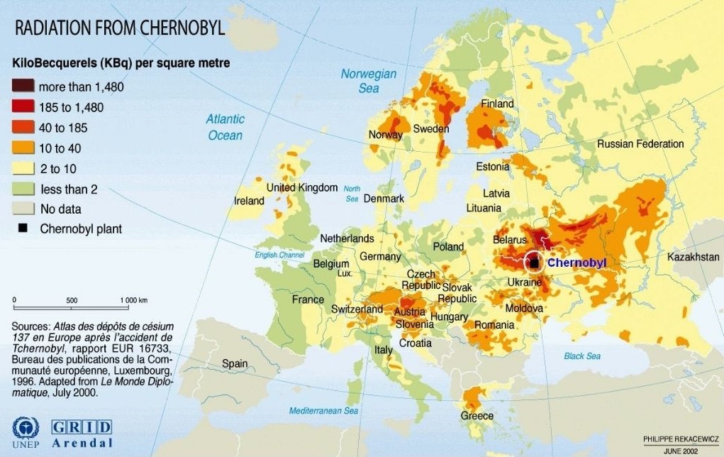 Radijacija iz Černobila nad Europom neposredno nakon katastrofe 26.4.1986. godine (kilobekerela po četvornom metru; bekerel je standardna izvedena mjerna jedinica za aktivnost radioaktivnoga izvora - radioaktivnost)