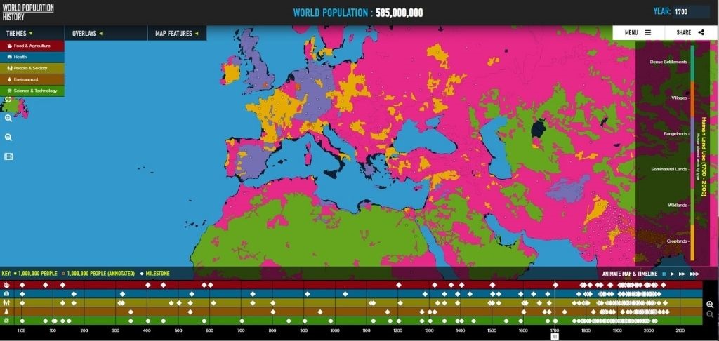 Zaslon interaktivne stranice WorldPopulationHistory.org