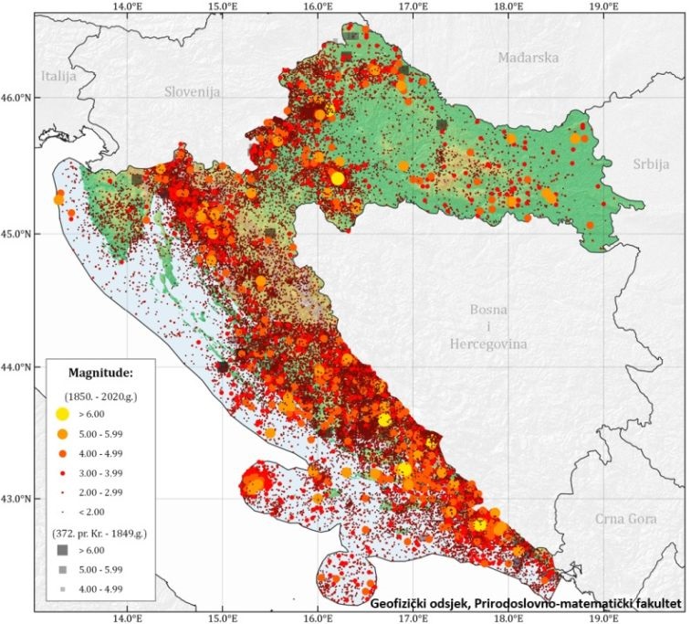 Karta epicentara potresa u Hrvatskoj