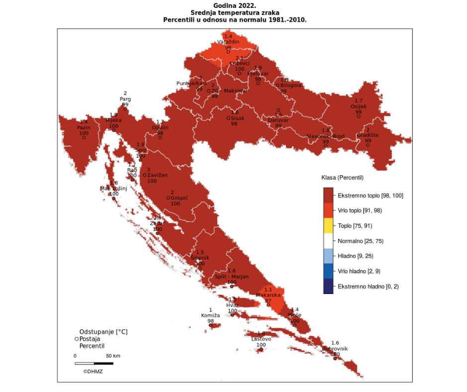 Srednja temperatura zraka u Hrvatskoj u 2022. godini u odnosu na normalu 1981.-2010.