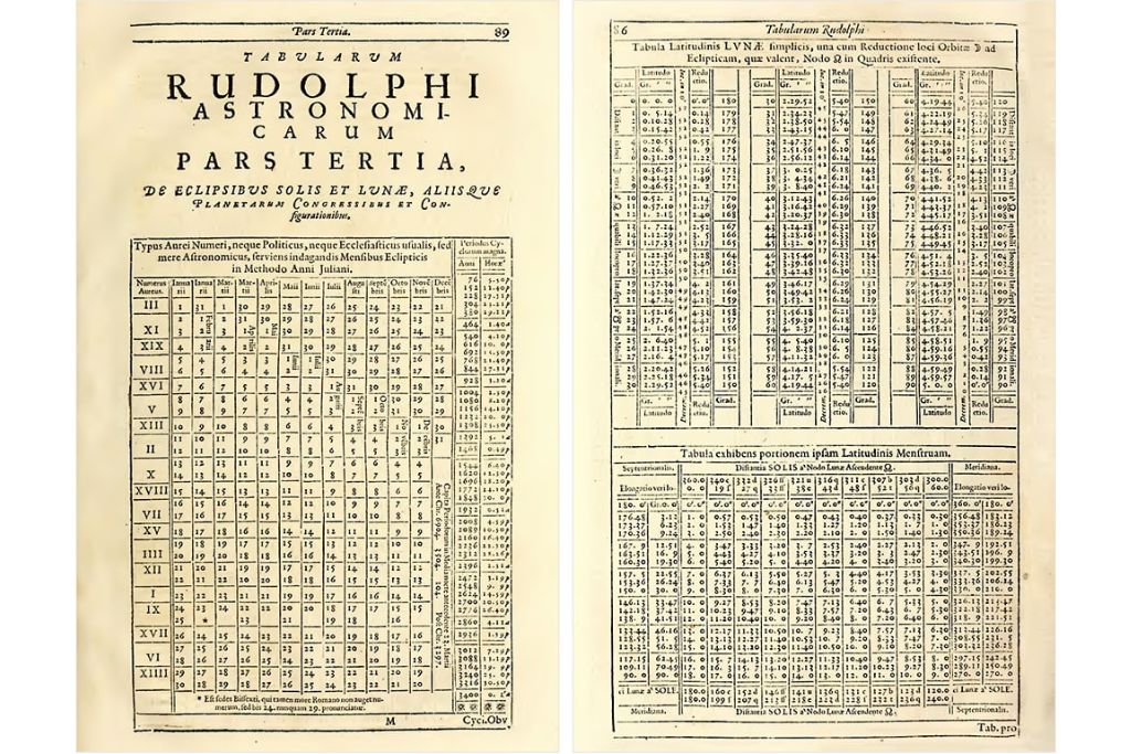 Dvije stranice iz Keplerovih Rudolfinskih tablica koje prikazuju pomrčine Sunca i Mjeseca